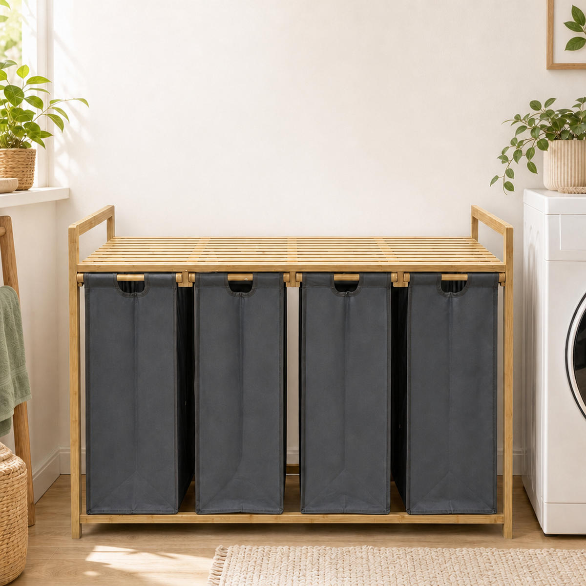 WÄSCHESAMMLER Natur-Grau 4er-Set 1-Ablage Bambus - Multicolor, Holz/Textil (103/77/41.5cm) - Relaxdays