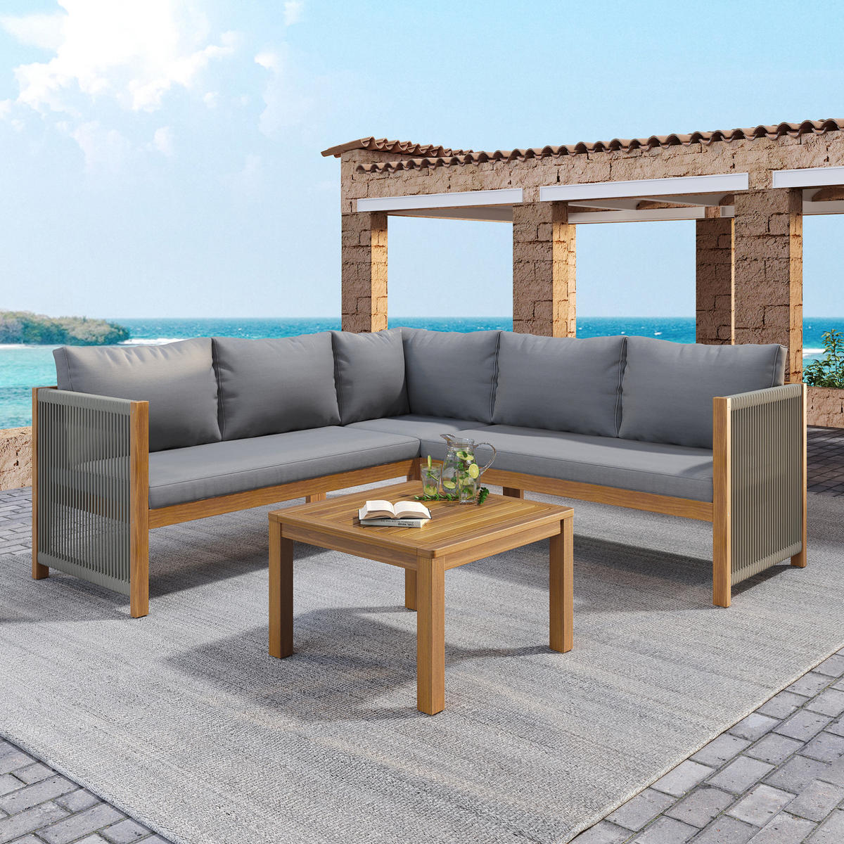 GARTENSET 187x187x71cm grau aus Massivholz, handgewebt - Grau, Textil - Modfu