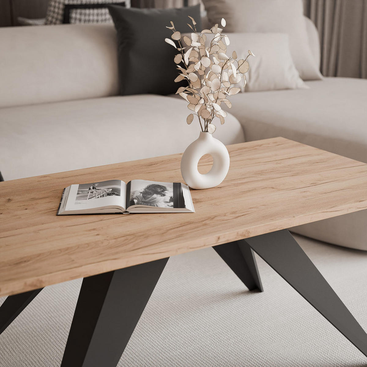 COUCHTISCH AIRA 120/60/48 cm Rechteckig, Schwarz/Craft-Eiche - Eichefarben/Schwarz, Metall (60/120/48cm) - Idohome