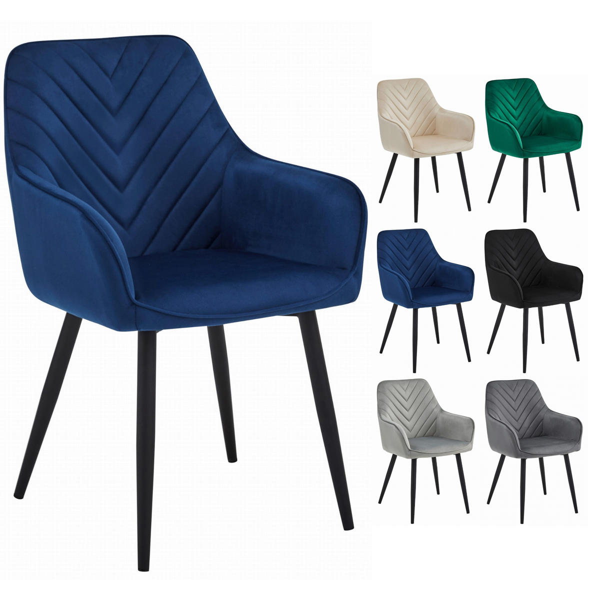 STUHL NEMI 2-er Set, Blau, Schwarz, mit Samtstoff gepolstert - Blau, Textil/Metall (54/84/61cm) - Komodee