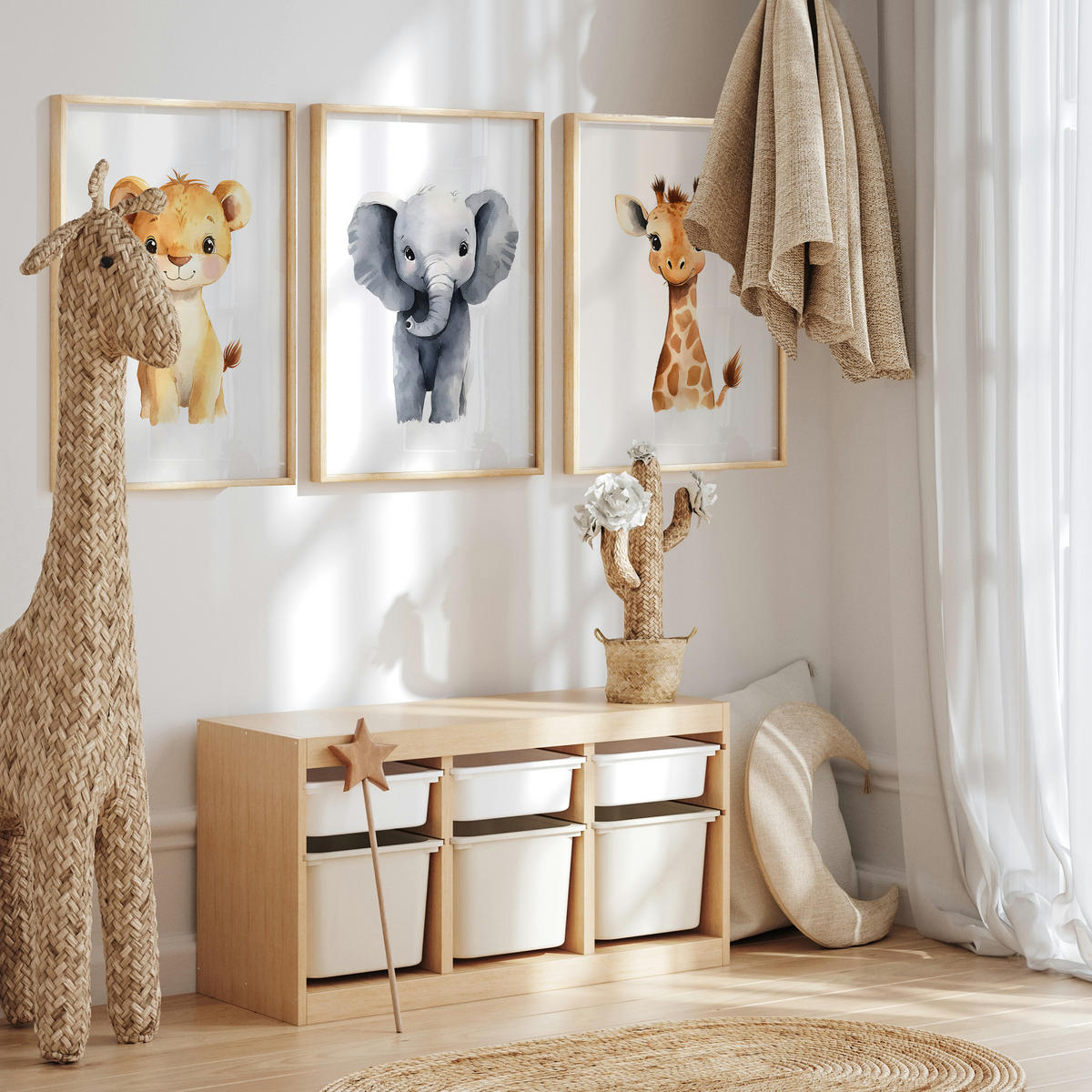 SADA PLAGÁTOV Do Detskej Izby DIVOKÉ ZVIERATÁ Lev Slon Žirafa 3x Plagát A4 21 x 30 cm - oranžová/žltá, papier (21/30/1cm) - Muralo