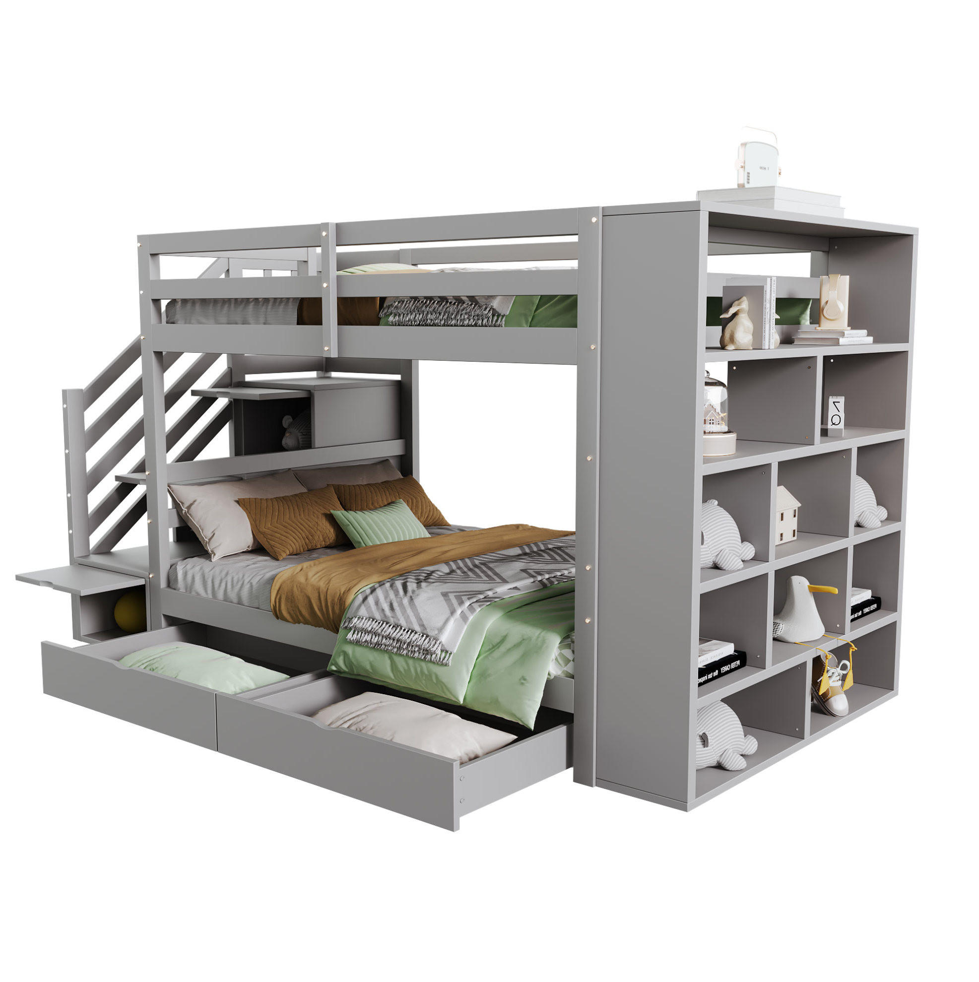 ETAGENBETT aus Kiefernholz 90x200 cm Grau mit Sicherheitstreppe, Stauraum und Lattenrost - Grau, Holzwerkstoff (90/200cm) - Modfu