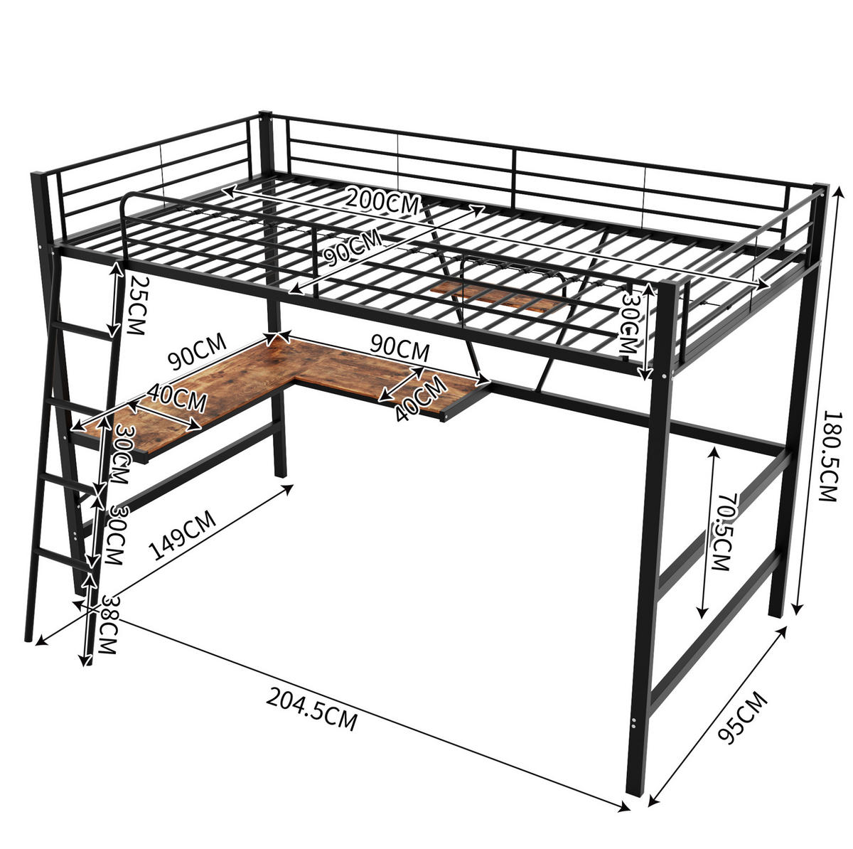 HOCHBETT 90/200 cm schwarz mit L-förmigem Schreibtisch und Regal mit Matratze - Schwarz, Metall (90/200cm) - OKWISH