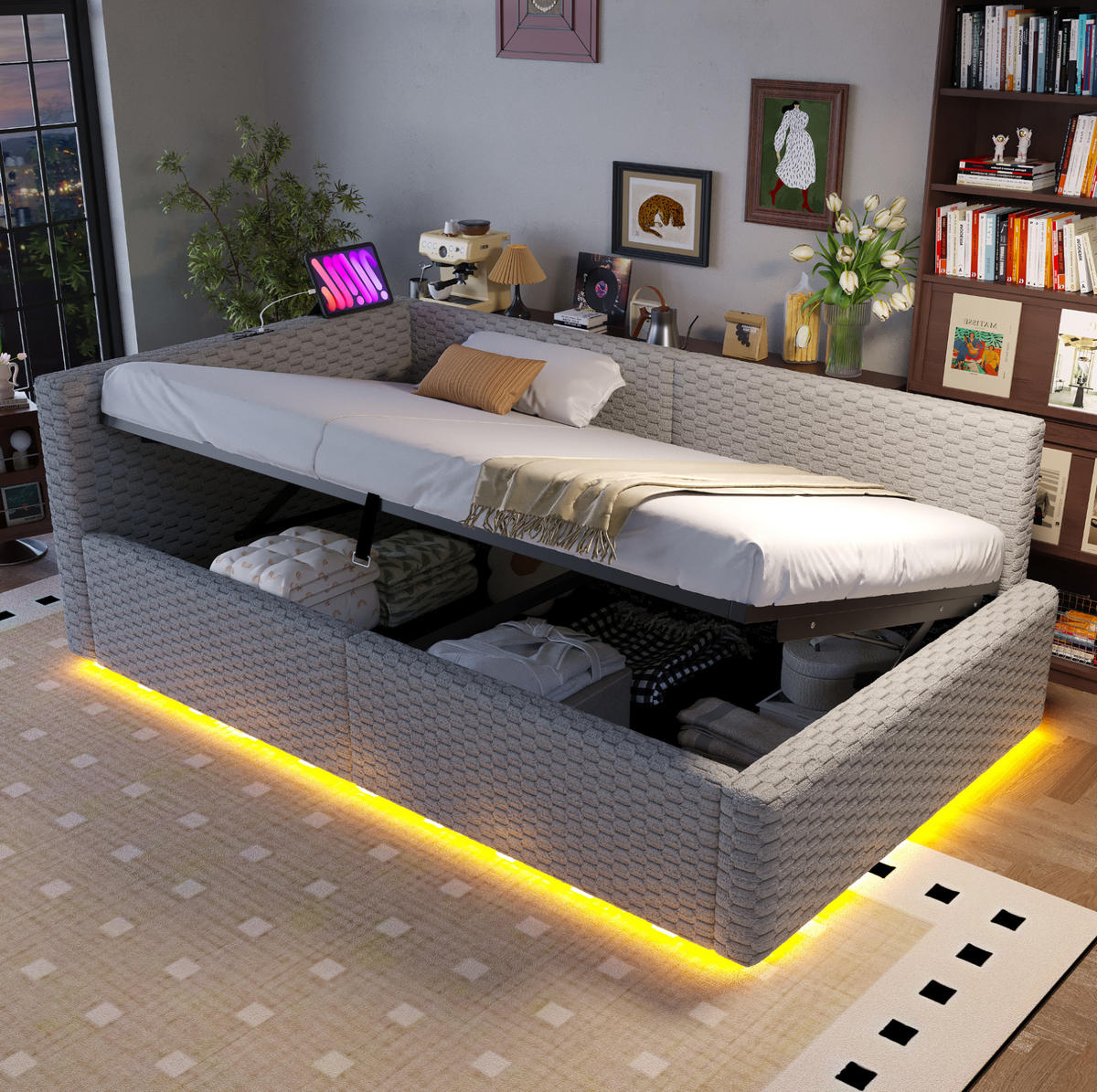 POLSTERBETT 90/200 cm grau aus Samt mit Stauraum, LED und USB - Grau, Holzwerkstoff (90/200cm) - OKWISH
