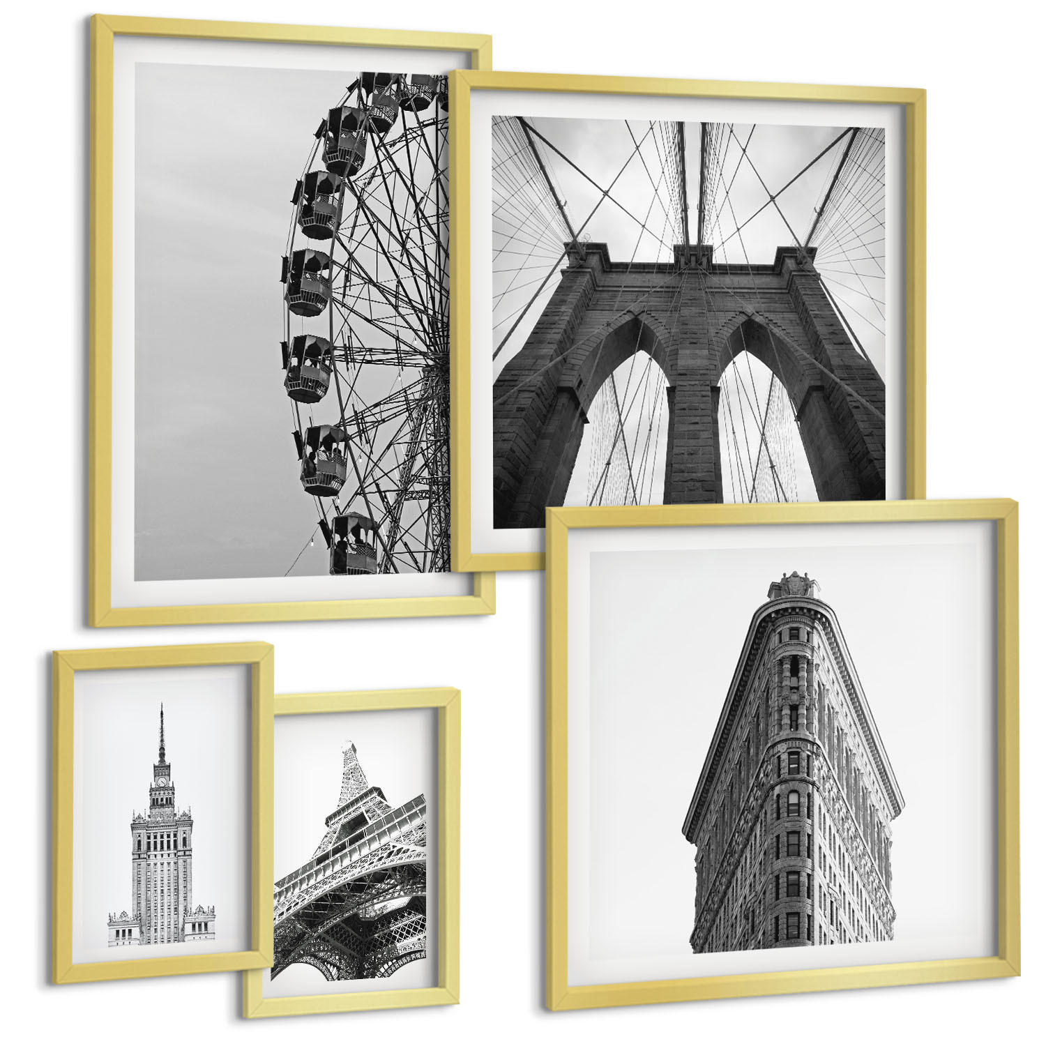 BILDER SET 5er Set - 50x50 cm & 20x30 cm & 40x60 cm Goldrahmen - Architektur Schwarz-Weiß-Minimalismus - Goldfarben, Kunststoff (40/60cm) - TULUP