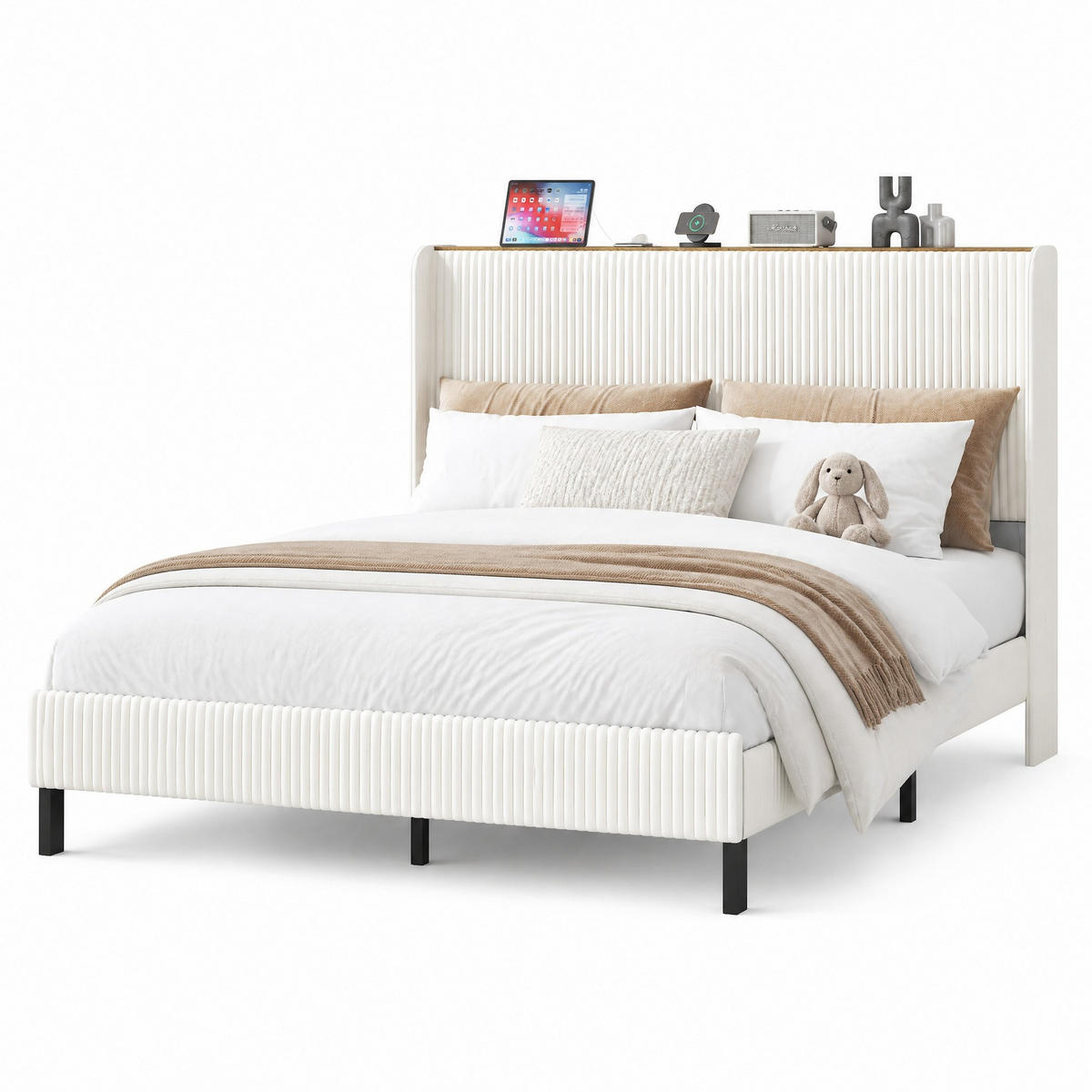 POLSTERBETT 160/200 cm in Beige & Creme Cord mit Kanal-Kopfteil - Beige, Holzwerkstoff/Textil (160/200cm) - CHICFURN