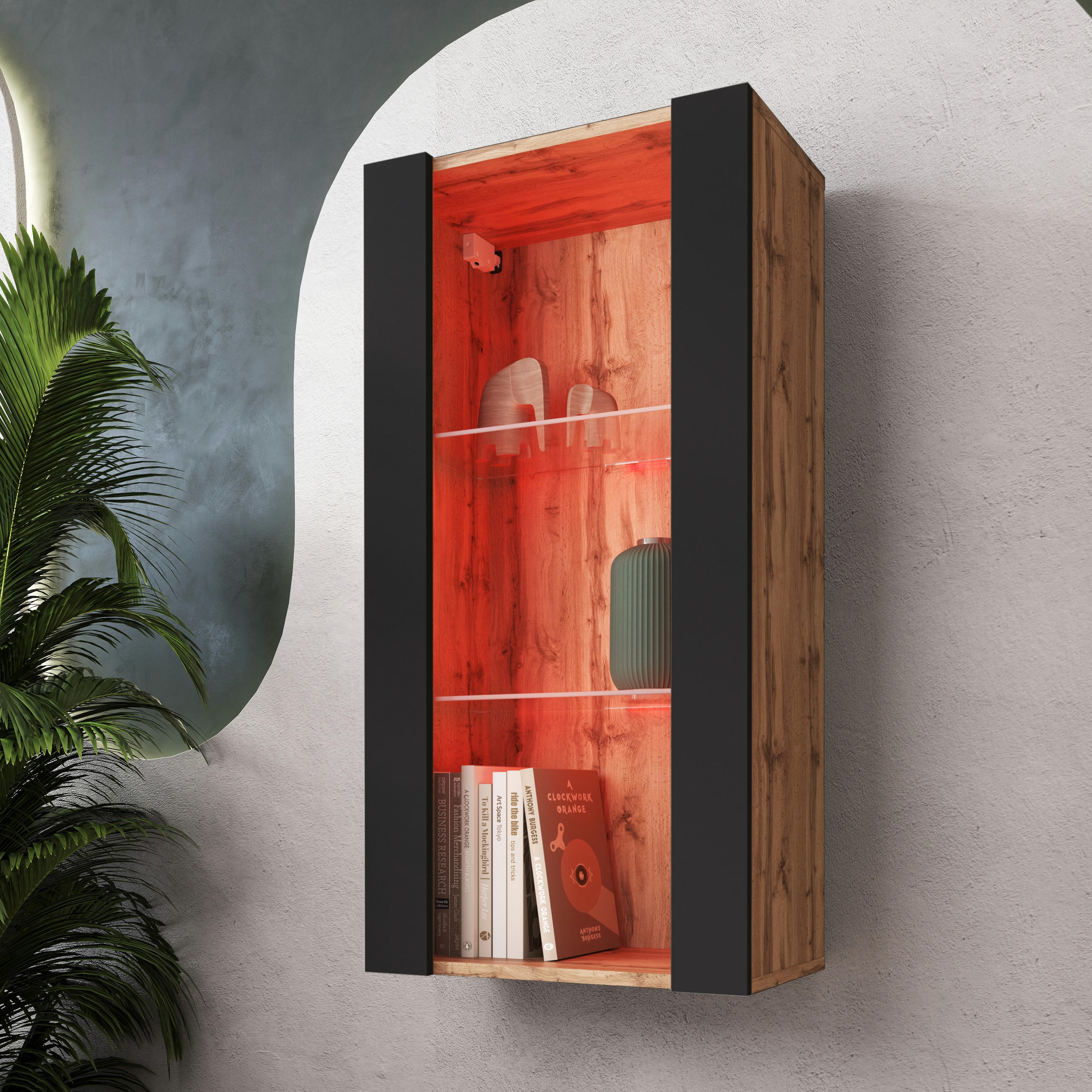 HÄNGEVITRINE TIVOLI Vertical 100, Schwarz, LED Mehrfarbige - Eiche Wotan/Schwarz, Glas/Holzwerkstoff (50/100/29.5cm) - Komodee