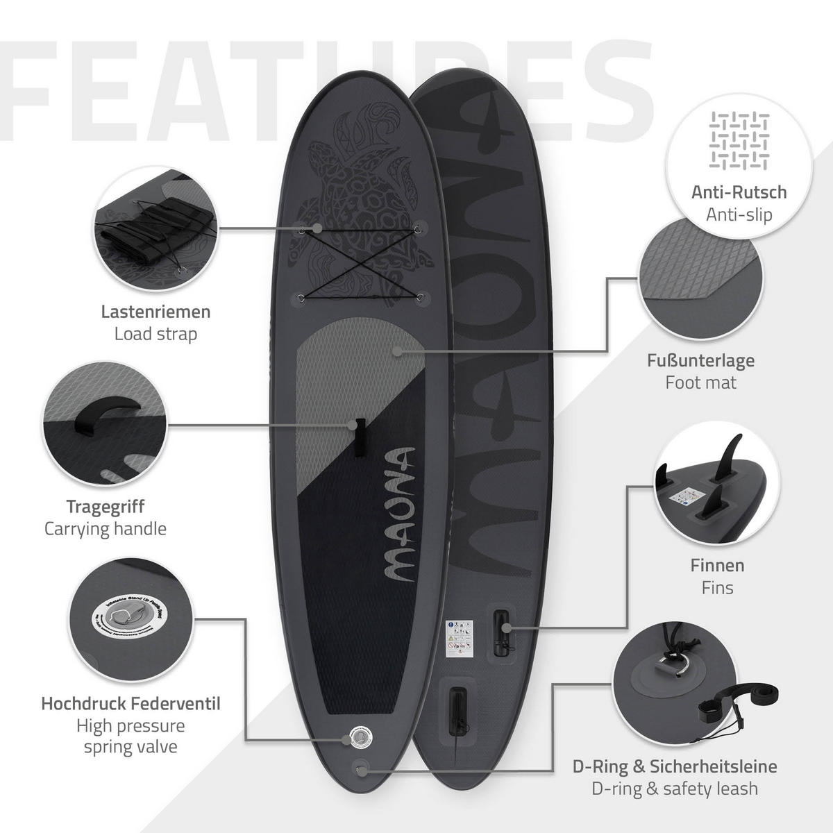 STAND UP PADDLE BOARD Maona Schwarz - Schwarz, Kunststoff (308/78/10cm) - ECD-Germany