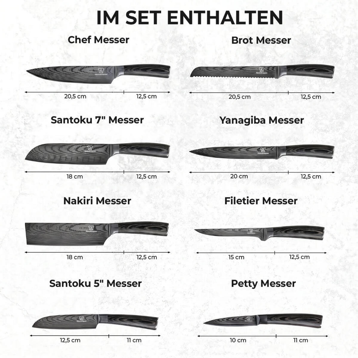 MESSER-SET 8-tlg. mit Edelstahlklingen und ergonomischen Pakkaholz-Griffen - Schwarz, Metall - Küchenkompane