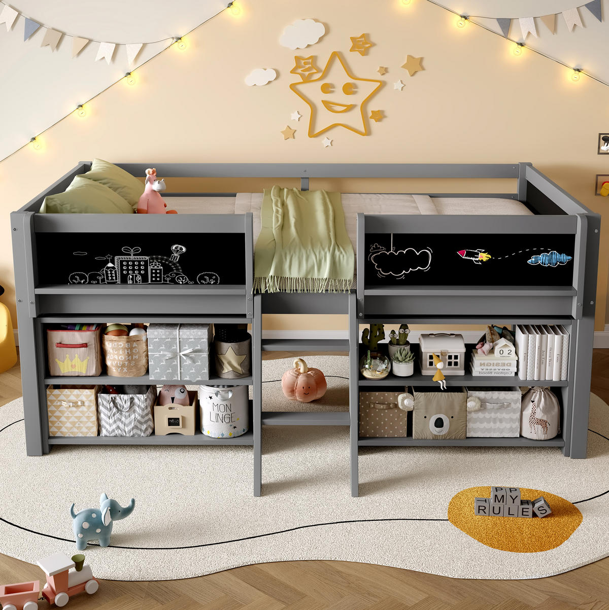 HALBHOHES BETT 90/200 cm, Grau mit Stauraum und Zeichentafel - Grau, Holz (90/200cm) - MIVRAY
