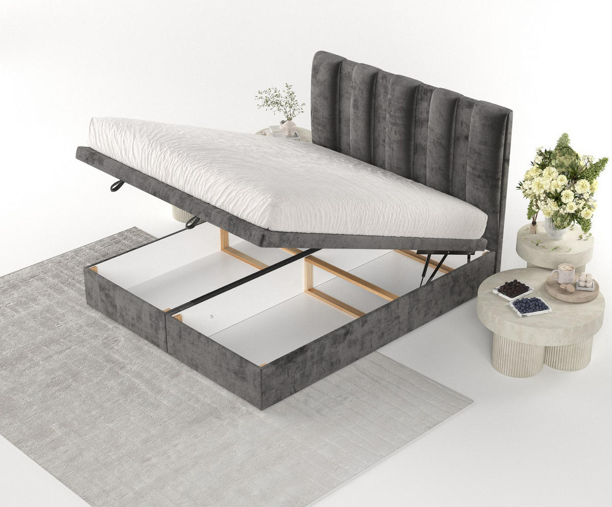 POLSTERBETT Orta mit Stauraum 200/200 cm Stahl im Lotta Stoff - Schwarz/Graphitfarben, Holz/Holzwerkstoff (200/200cm) - AltaBeds