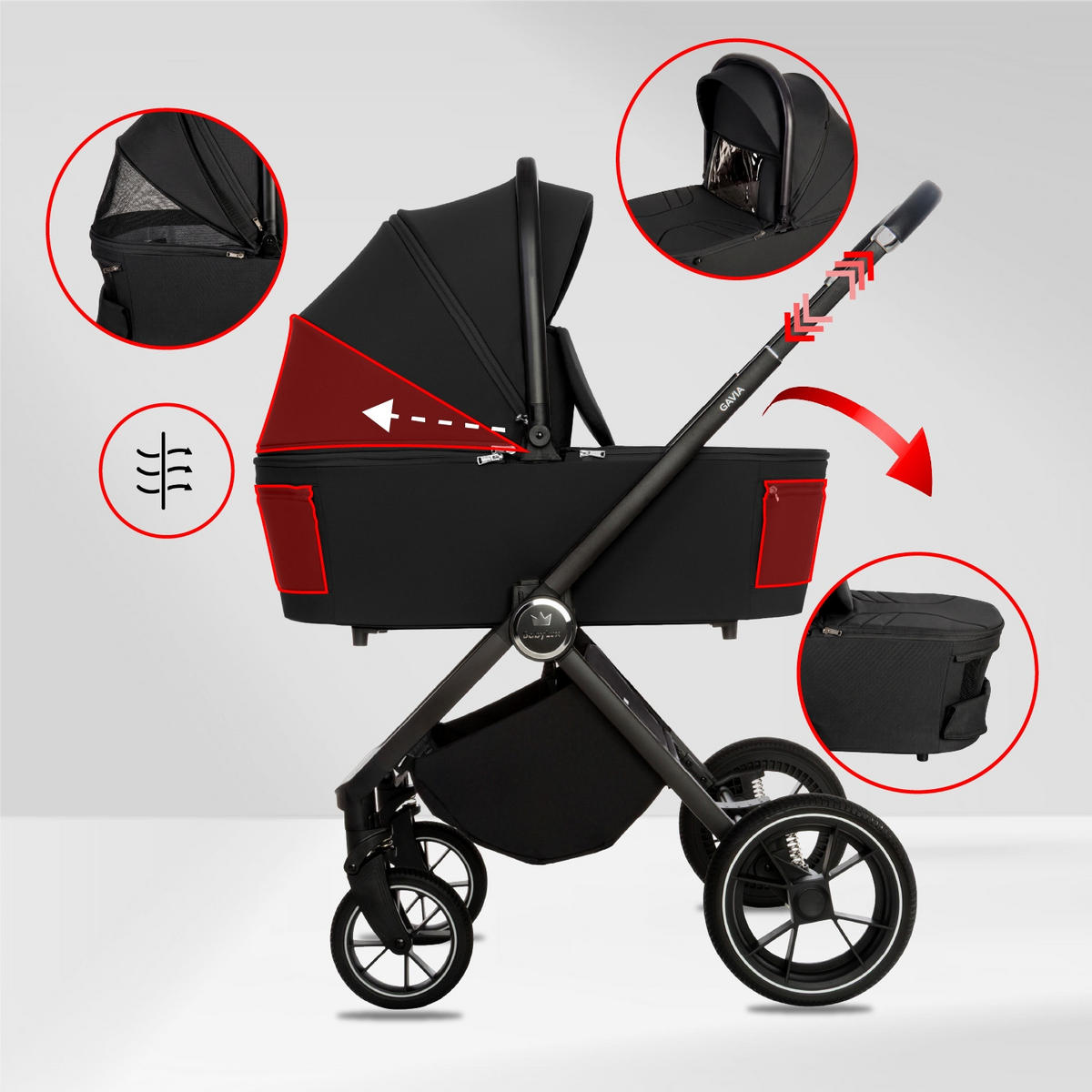 KINDERWAGEN Gavia 4in1 Schwarz Babywanne, Reisebuggy, Autositz, Isofix Basis - Schwarz, Textil/Metall (58/98cm) - BabyLux