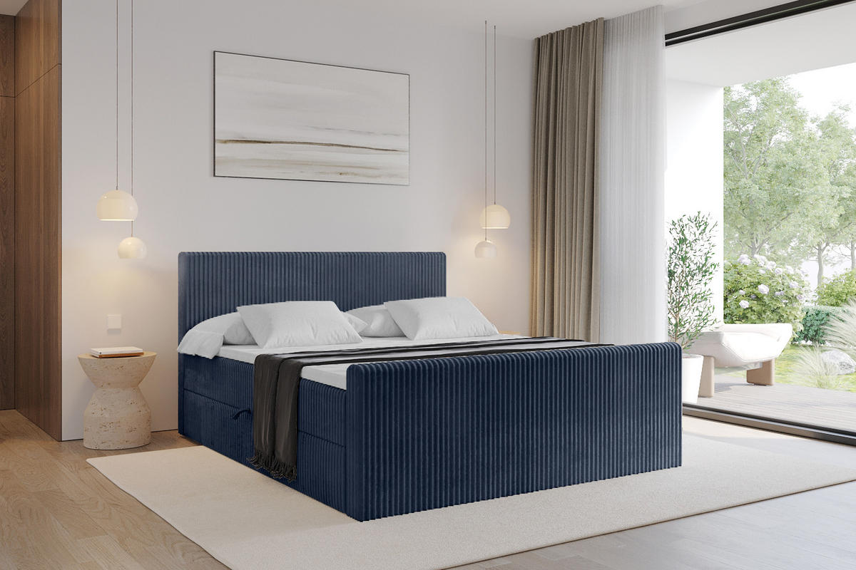 BOXBETT mit Matratze H3 und Lattenrost - TOLO-Z - 200x200 Cord - Dunkelblau - Dunkelblau, Holzwerkstoff (200/200cm) - ALTDECOR