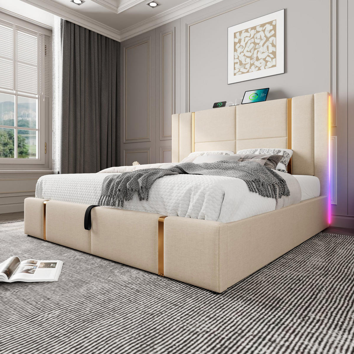 POLSTERBETT 160/200 cm Beige mit Stauraum, LED und USB- und Type-C-Anschlüssen - Beige, Textil (160/200cm) - Flora Grace