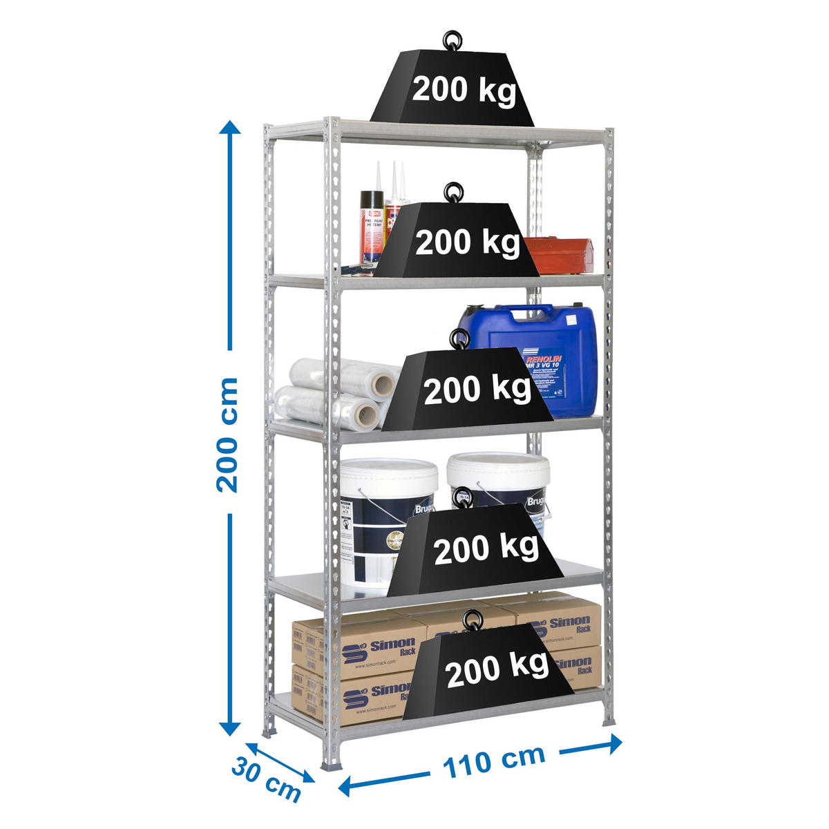 SCHWERLASTREGAL Big Metal Shark HxBxT 200 x 110 x 30 cm Fachlast 200 kg Verzinkt - Silberfarben, Metall (110/200/30cm) - PROREGAL
