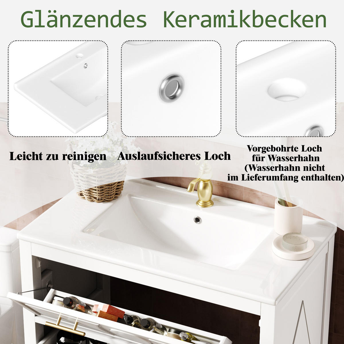 WASCHBECKENUNTERSCHRANK Keramik 3 Schubladen Weiß Retro - Weiß, Holzwerkstoff (81/86.5/46.5cm) - FLIEKS