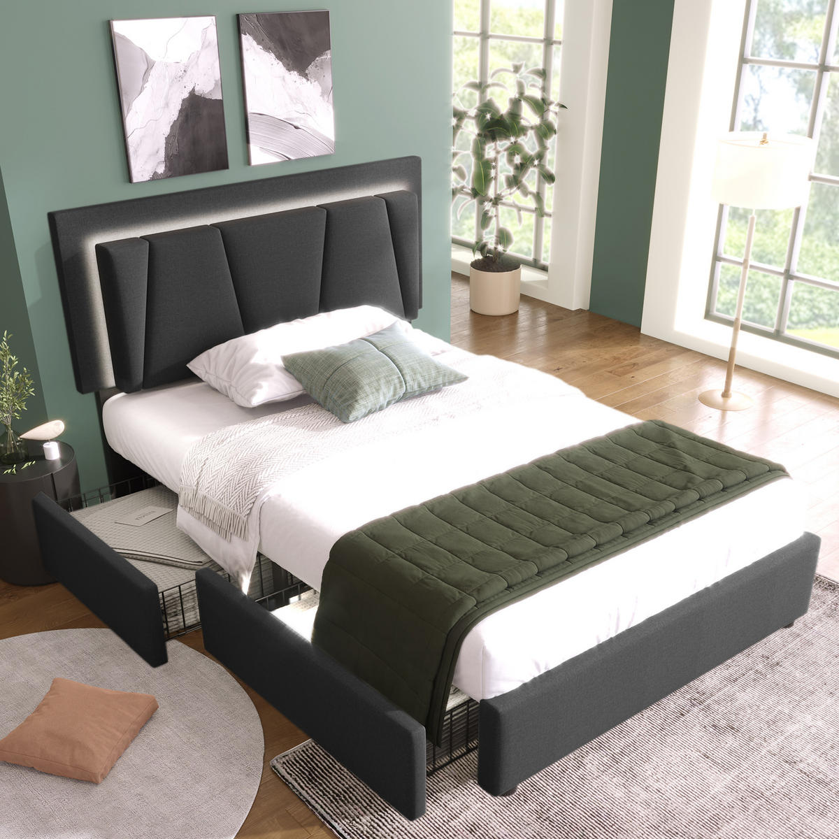 POLSTERBETT 90/200 cm mit LED-Beleuchtung, 2 Schubladen & verstellbarem Kopfteil, Grau - Grau, Holz (90/200cm) - Redom