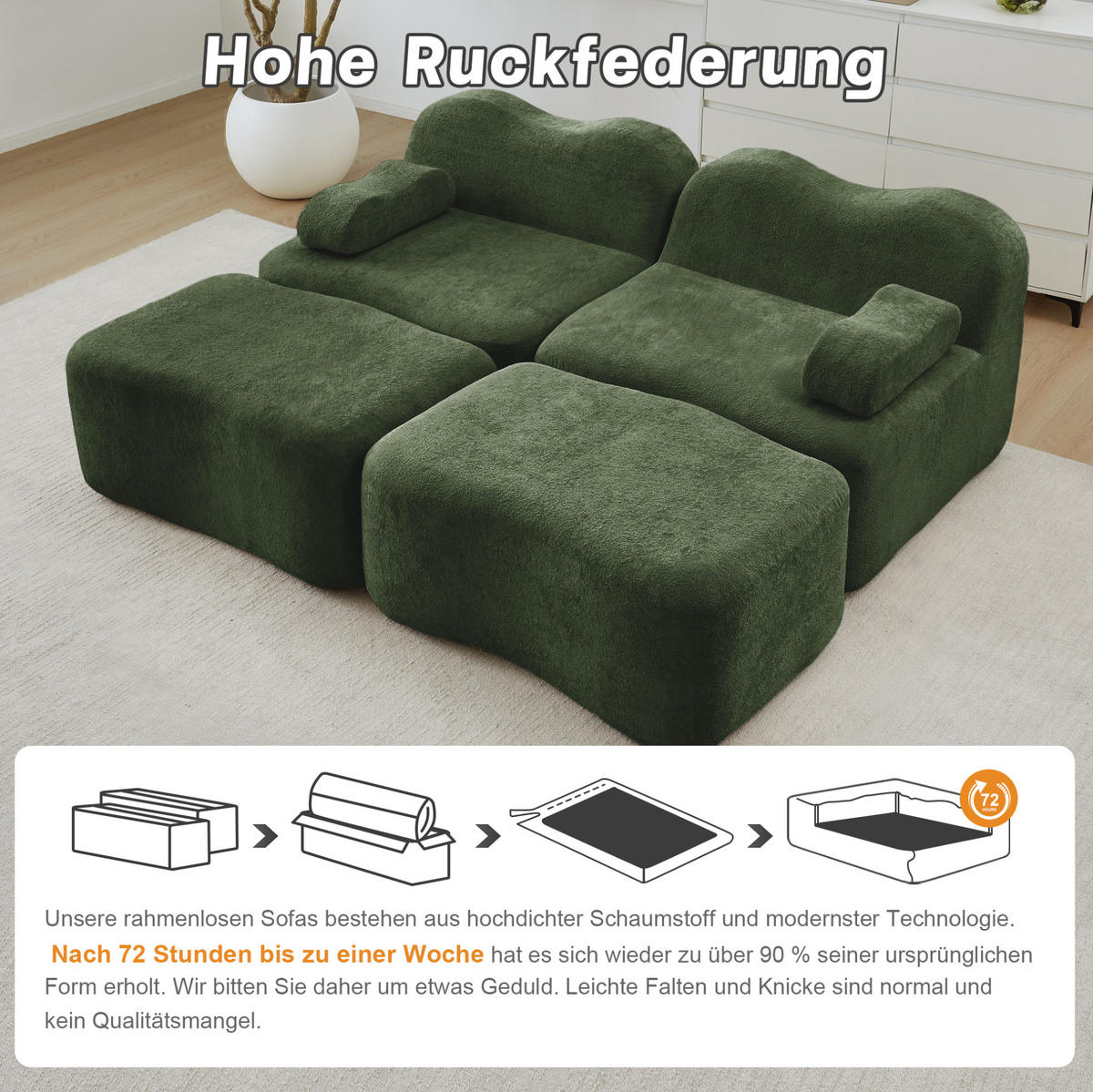 SOFA 192/167/70 cm in Grün aus Samt mit Ottomans - Grün, Textil (167/70/192cm) - Flora Grace