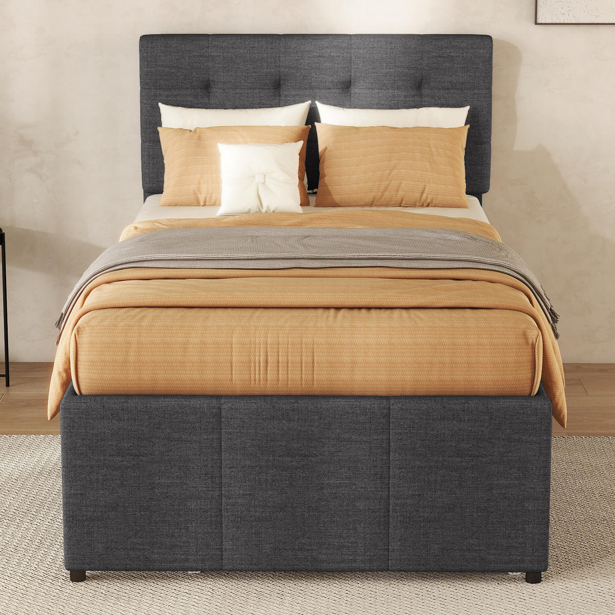 POLSTERBETT 90x200cm Grau Familienbett 3 Schubladen Rollbett Kopfteil - Grau, Holz (90/200cm) - FLIEKS