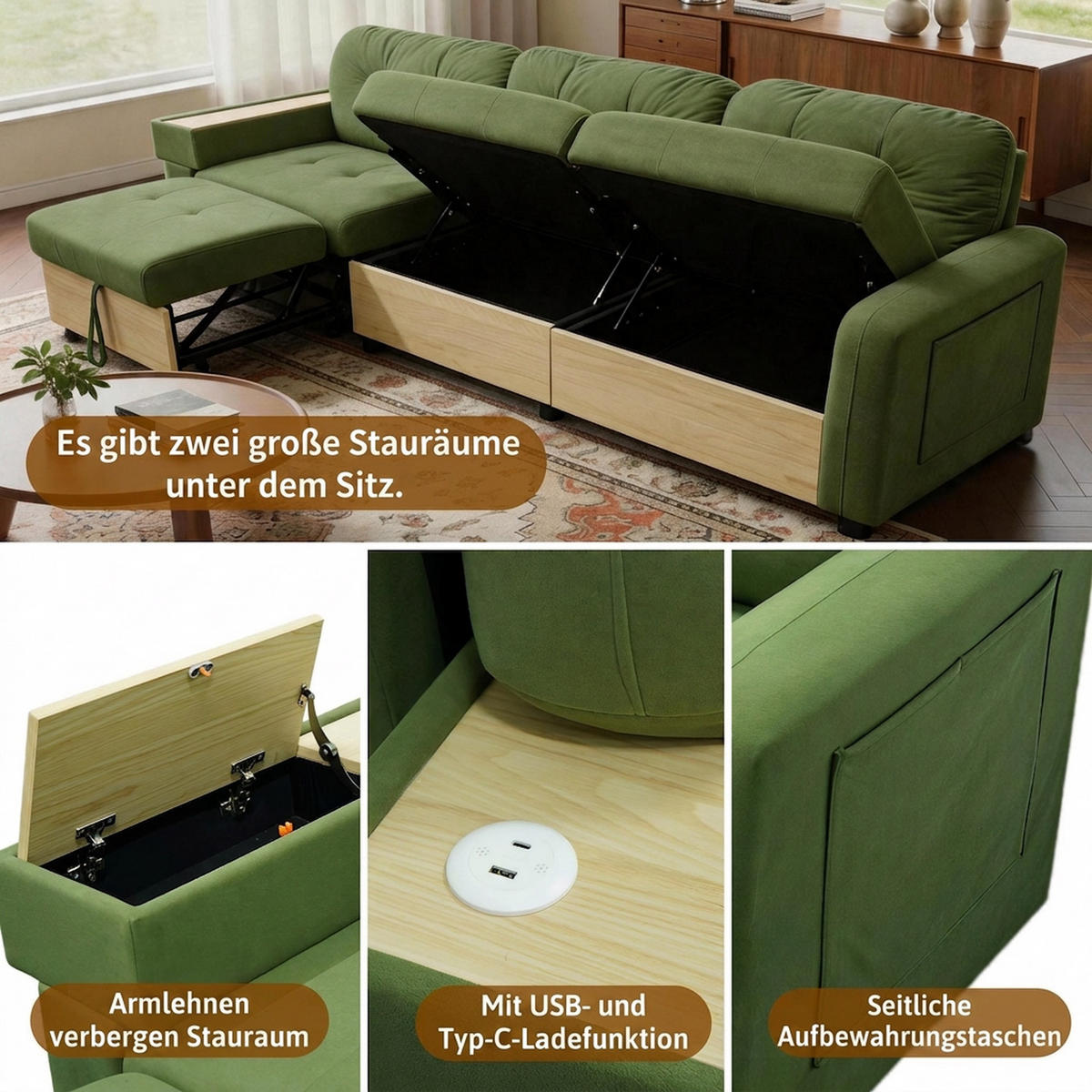ECKSOFA 228/115/78 cm Grün mit ausziehbarer Ottomane, USB-Anschluss und Stauraum - Grün, Textil (228/80cm) - Oxeza