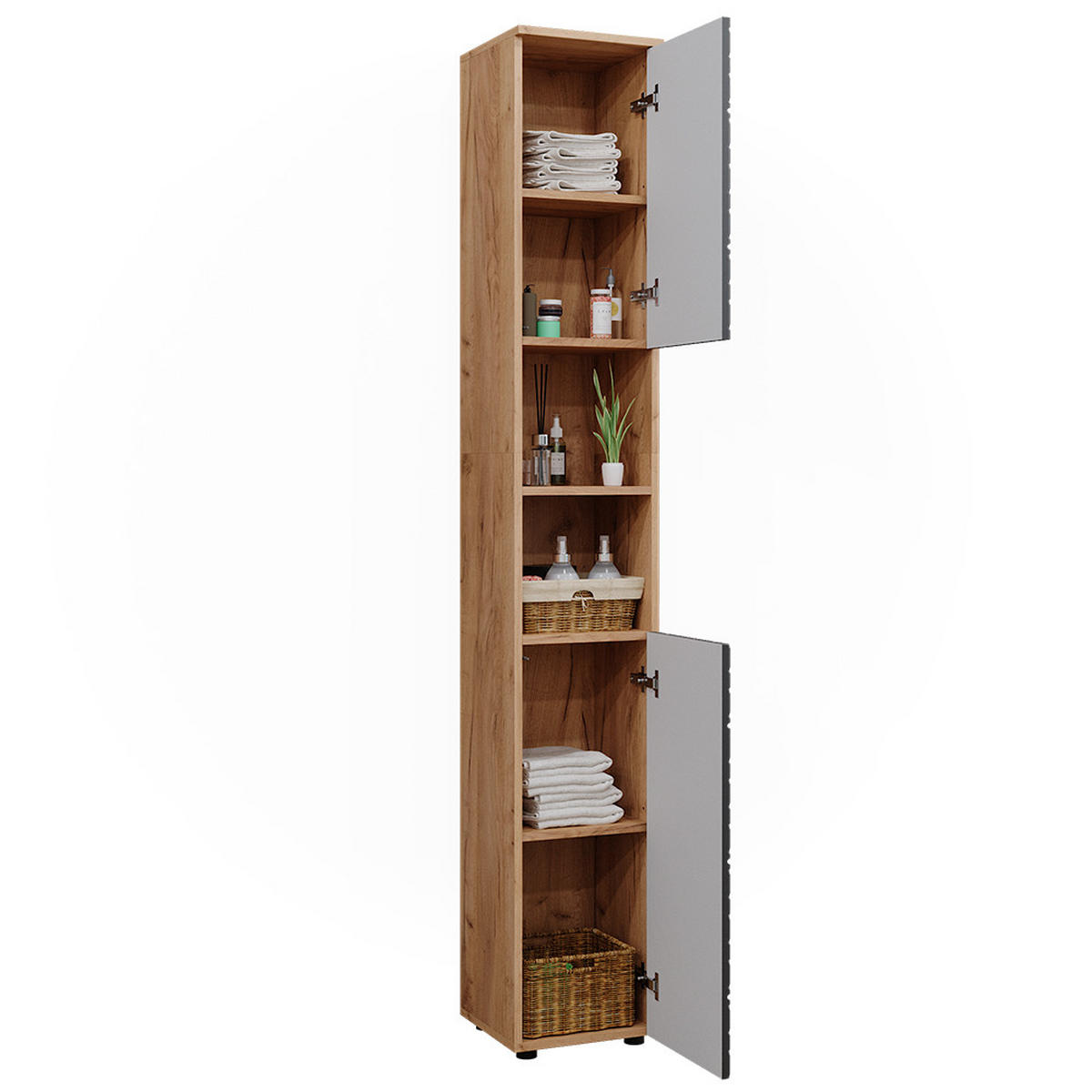 BADSCHRANK Irma Anthrazit gestreift 30 x 192 cm - Anthrazit/Eiche Wotan, Holzwerkstoff (30/192/30cm) - Vicco