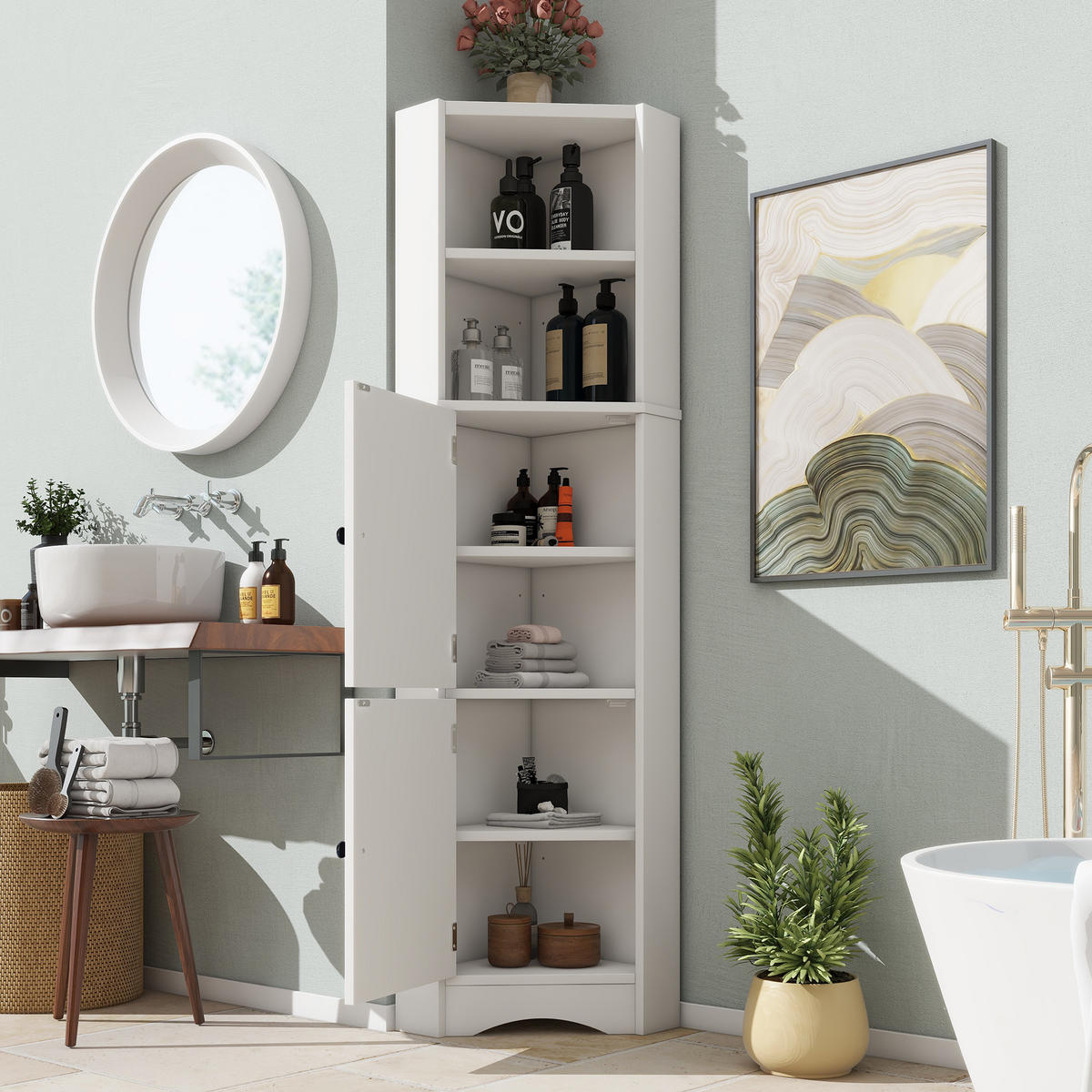 BADEZIMMERSCHRANK 51.7x32x155.4cm in Weiß, feuchtigkeitsbeständig mit 2 Türen - Weiß, Holzwerkstoff (32/155.4/51.7cm) - Modfu