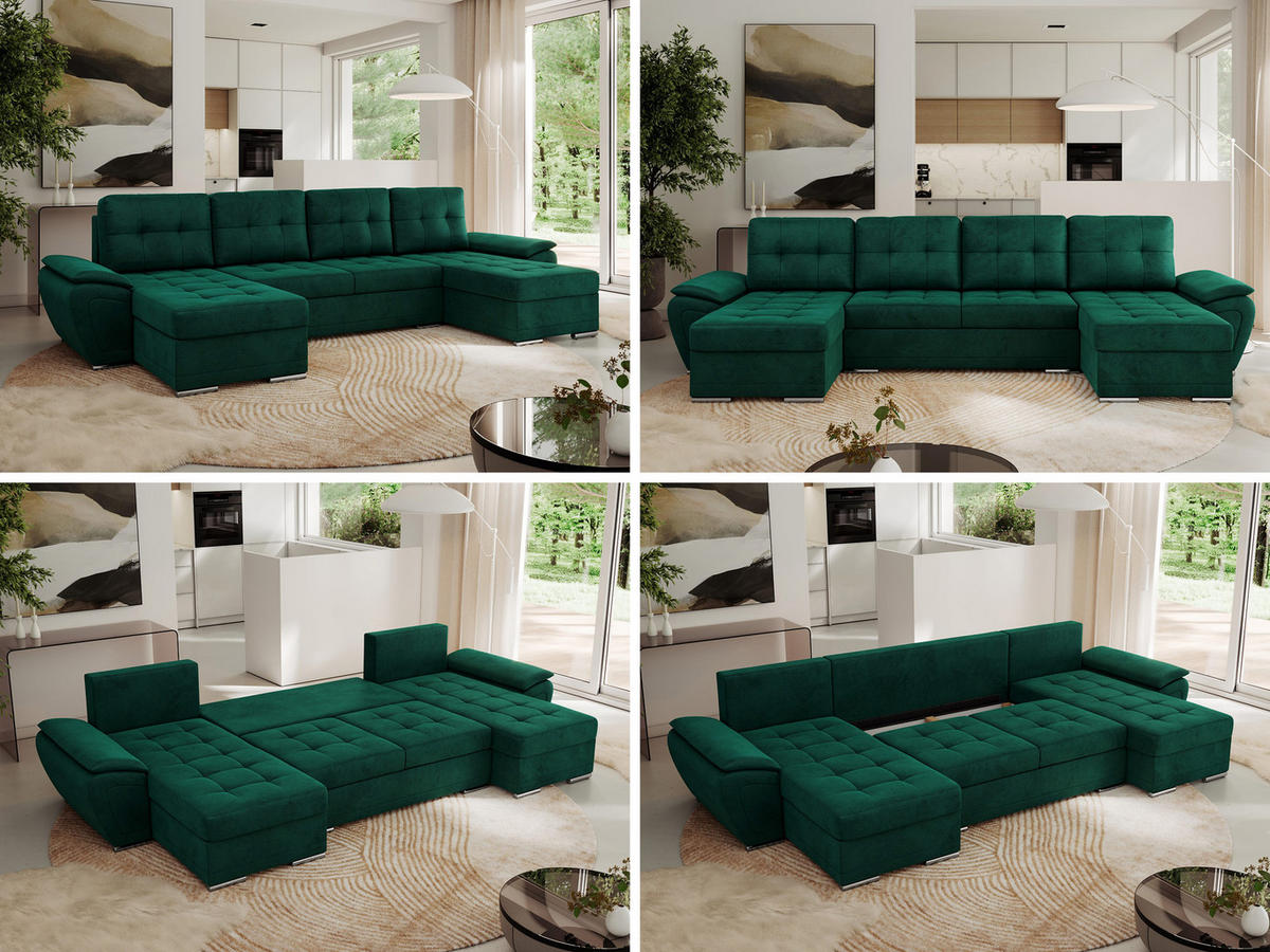 WOHNLANDSCHAFT UMBRIA U Dunkelgrün Velvet - Dunkelgrün/Grau, Textil/Metall (336/85/157cm) - MKS