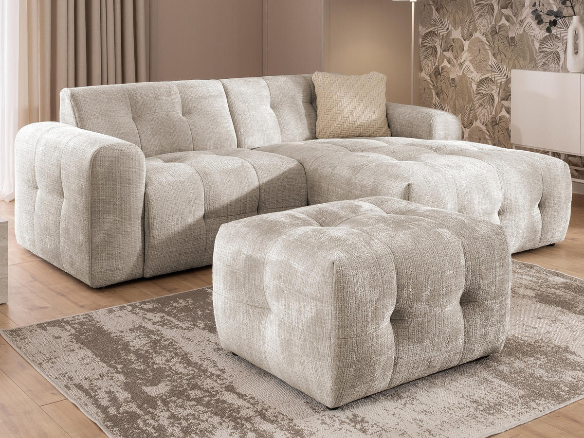ECKSOFA inkl. Hocker Kozy im Bumpy-Design mit Schlaffunktion und fester Rückenlehne aus weichem Dunkelbeige Chenille-Stoff - Ottomane rechts - Beige/Schwarz, Holz/Kunststoff (234/161cm) - S-Style Möbel