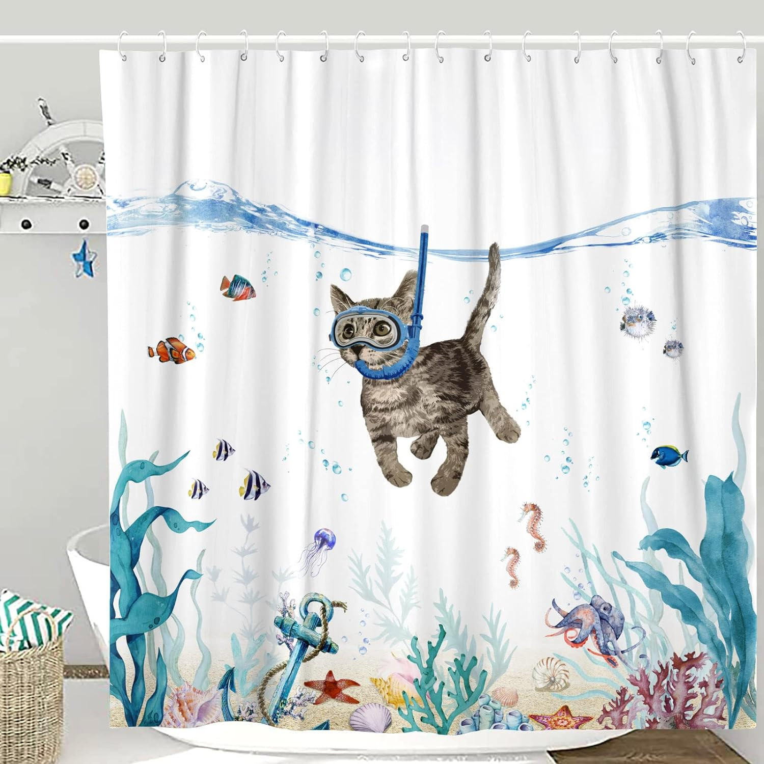 DUSCHVORHANG Blau Petrol Katze Meer Ozean wasserdicht fürs Badezimmer - Multicolor, Textil (180/180cm) - MCBOSON