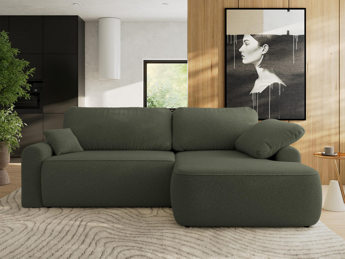 ECKSCHLAFSOFA CUBO L Dunkelgrün Boucle - rechts - Dunkelgrün/Schwarz, Kunststoff/Textil (187/273cm) - MKS