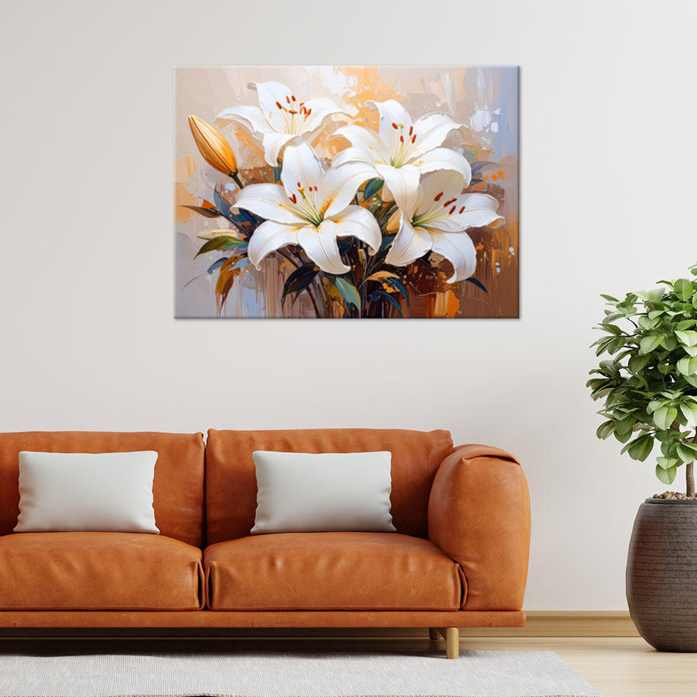 LEINWANDBILD Lilien Weiße Blumen gemalt 60x40cm - Beige, Textil (60/40cm) - Feeby
