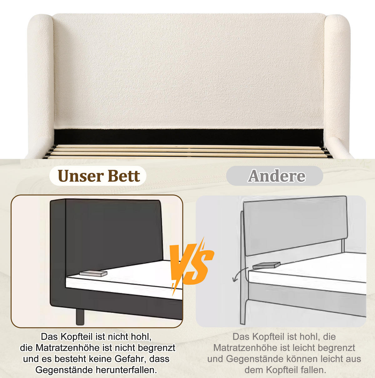 POLSTERBETT mit Bettkasten aus Bouclé 140x200 cm Beige mit hydraulischer Öffnung und Lattenrost - Beige, Textil (140/200cm) - Modfu