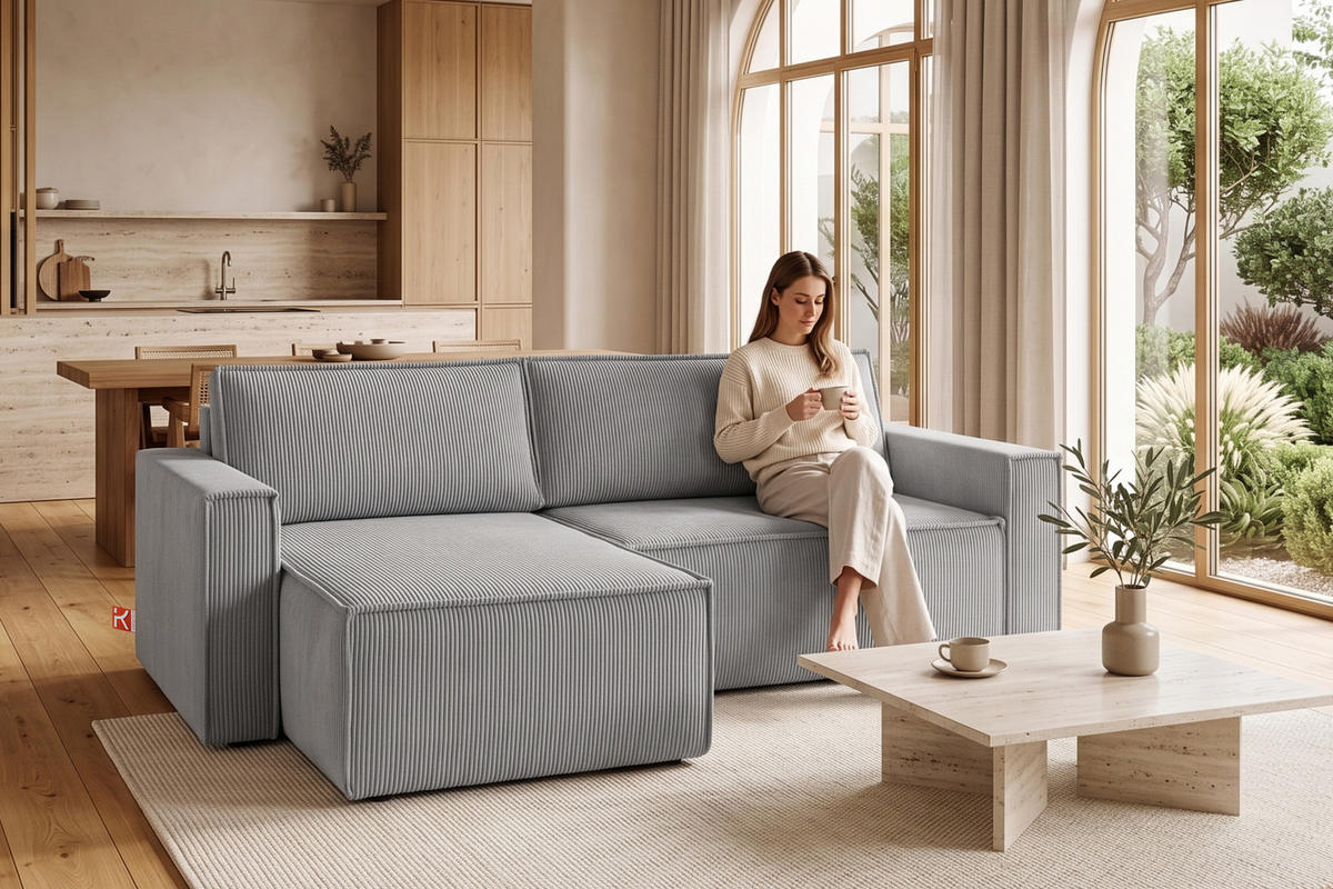 ECKSOFA-LINKS/RECHTS NAPI Schlaffunktion mit Cordbezug, hellgrau - Hellgrau/Schwarz, Textil (246/148cm) - KONSIMO®