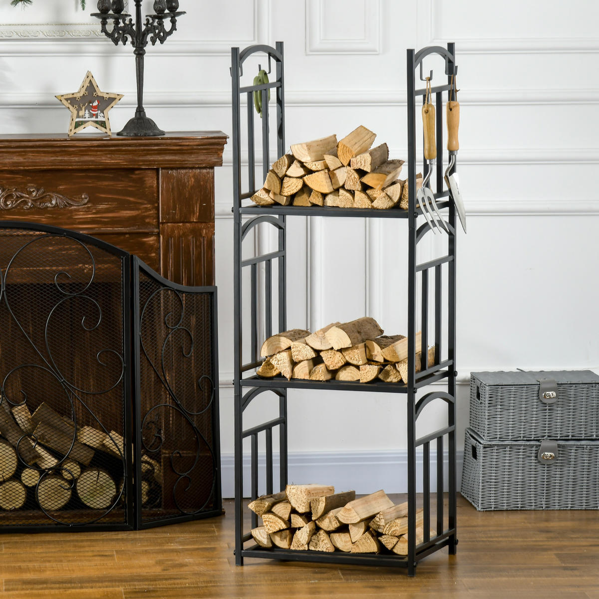 KAMINHOLZREGAL für innen 46 x 32 x 126 cm 3 Ebenen Brennholzregal mit 4 Haken - Schwarz, Metall (32/126/46cm) - Outsunny