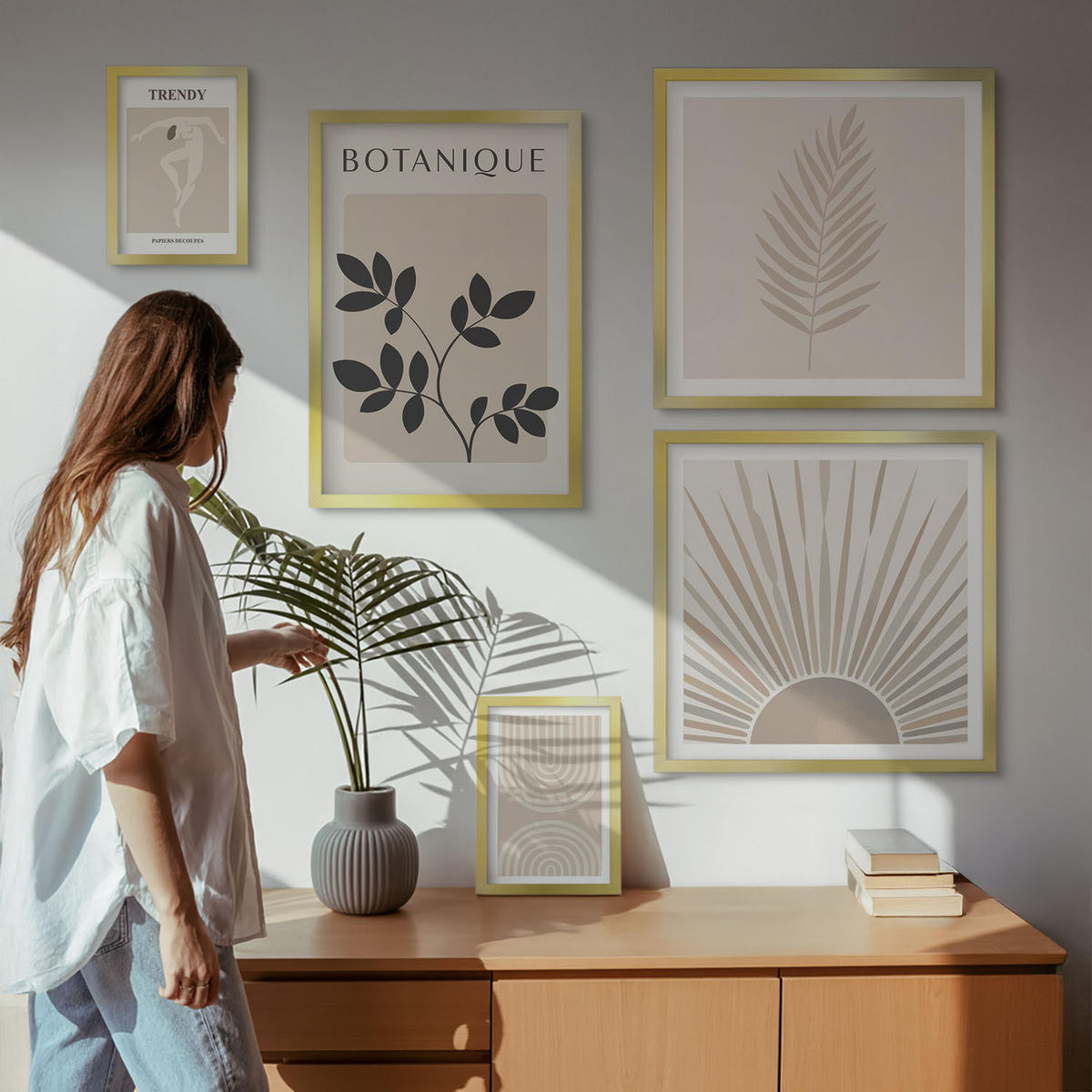 BILDER SET 5er Set - 50x50 cm & 20x30 cm & 40x60 cm Goldrahmen - Abstrakte Poster im Boho-Stil in Pastellfarben - Goldfarben, Kunststoff (40/60cm) - TULUP