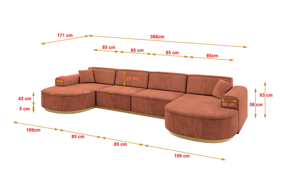 WOHNLANDSCHAFT MARI-U2-v2 - 388x171x83 cm Apricot Velours - Koralle, Holzwerkstoff/Textil (388/83/171cm) - ALTDECOR