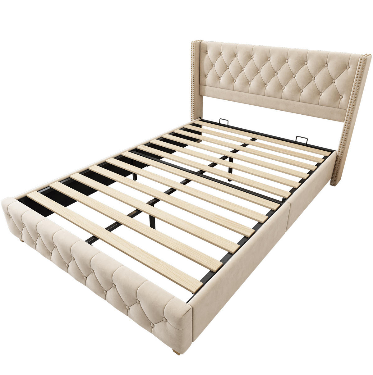 POLSTERBETT 160/200 cm Hellbeige mit Lattenrost und Kopfteil, Knopfpolsterung - Beige, Textil (160/200cm) - OKWISH