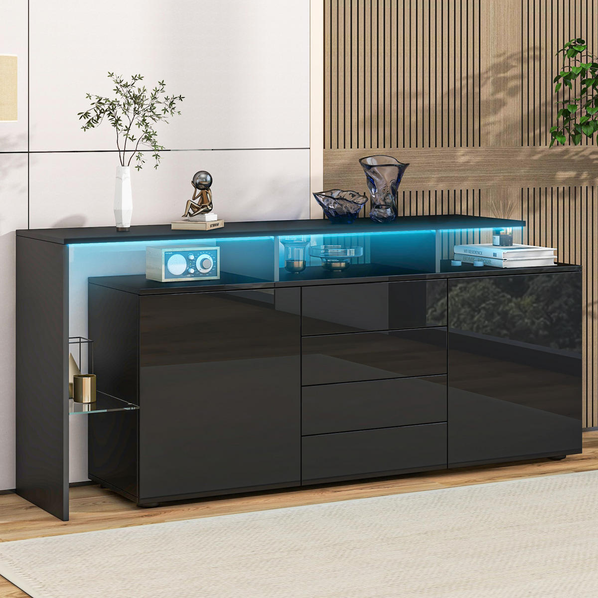SIDEBOARD Schwarz, mit LED-Beleuchtung, 2 Türen, Schubladen und offenen Fächern, 160/35/70 cm - Schwarz, Holzwerkstoff (160/70/35cm) - WISHDOR