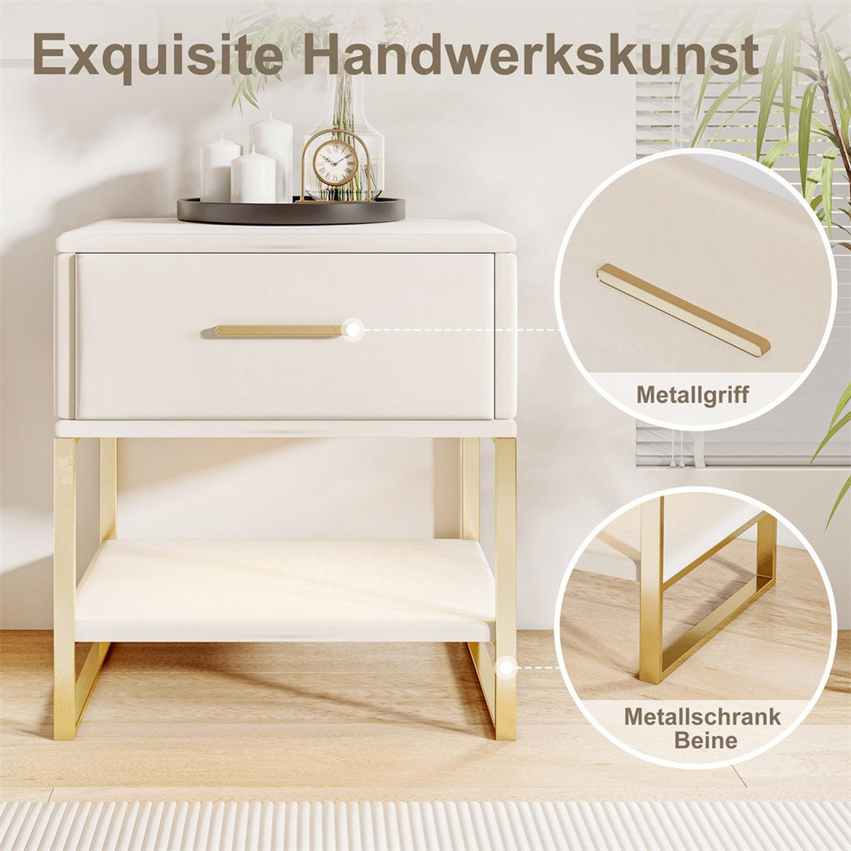 NACHTTISCH mit LED-Beleuchtung - 1 Schublade & Offenem Fach - Samtbezug & Goldene Beine - 2er Set - Beige - Weiß, Textil (40/50/31cm) - DELFA