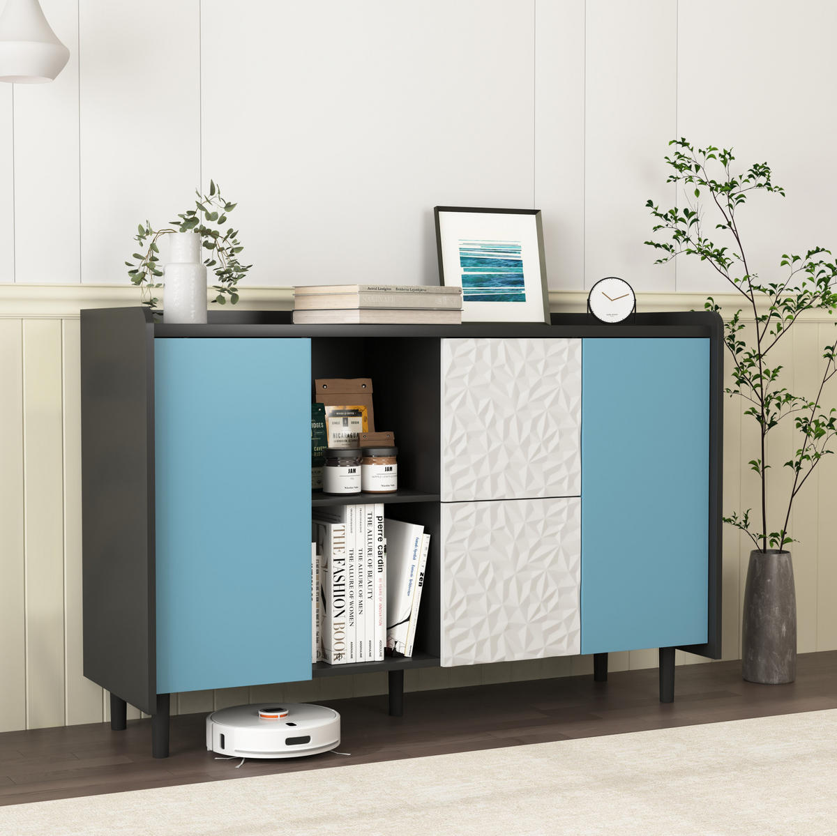 SIDEBOARD 120/40/80 cm mit 2 Schubladen & 2 offenen Fächern in Schwarz/Blau - Schwarz, Holzwerkstoff (120/80/40cm) - BEAOK