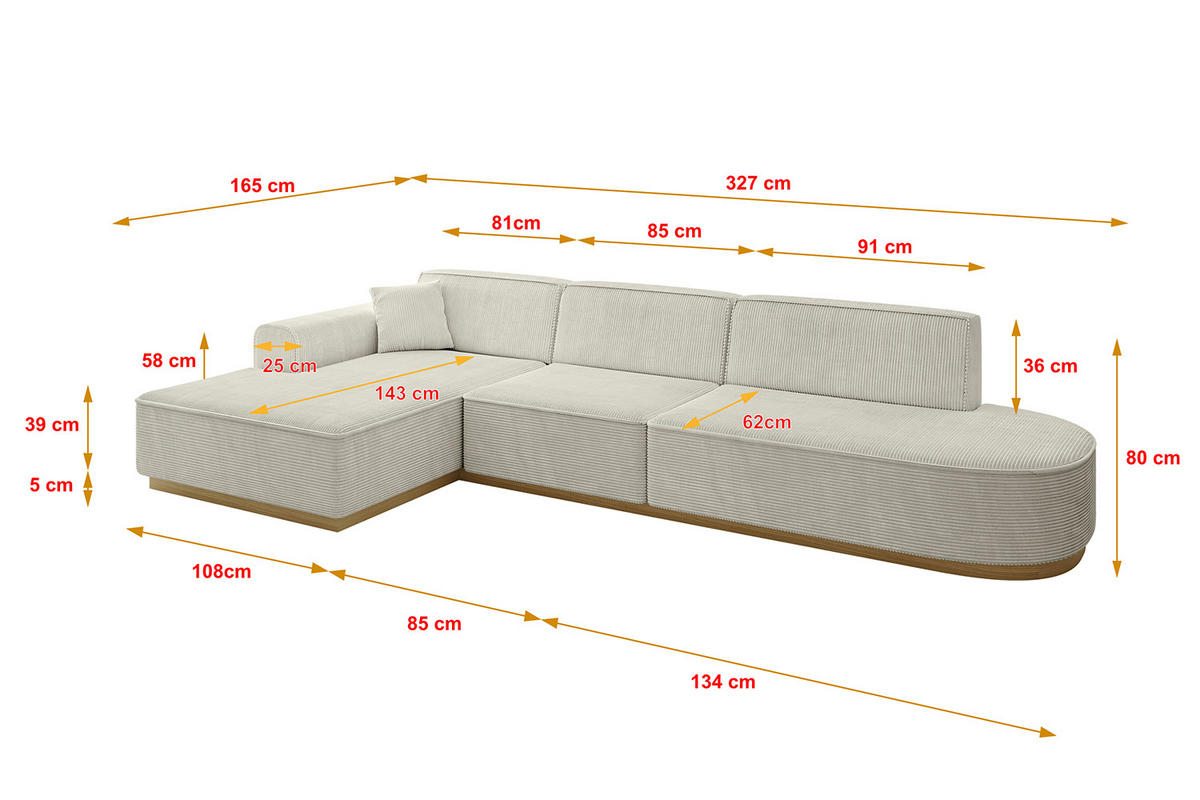 ECKSOFA Ottomane Links IREA-L2-v2 - 327x165x80 cm Hellgrau - Ecru, Holzwerkstoff/Textil (327/165cm) - ALTDECOR