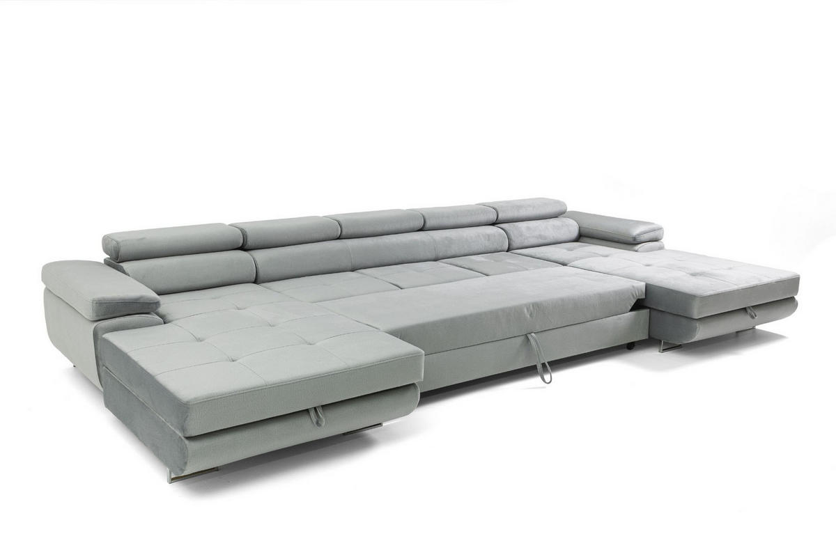 ECKSOFA U-Form ALONZO MAXI U mit Schlaffunktion 125x318 Velours Hellgrau - Silberfarben/Hellgrau, Holz/Textil (400/90/203cm) - Muffo