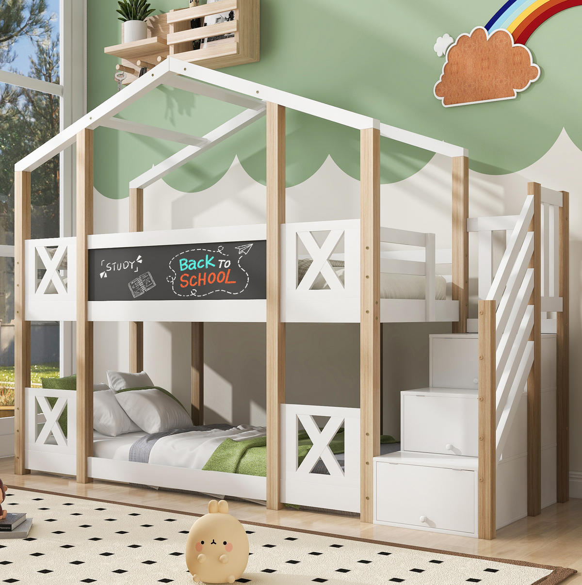HAUSBETT 90/200 cm in Weiß/Natur mit Treppe, Stauraum und Tafel - Weiß, Holzwerkstoff (90/200cm) - Flora Grace