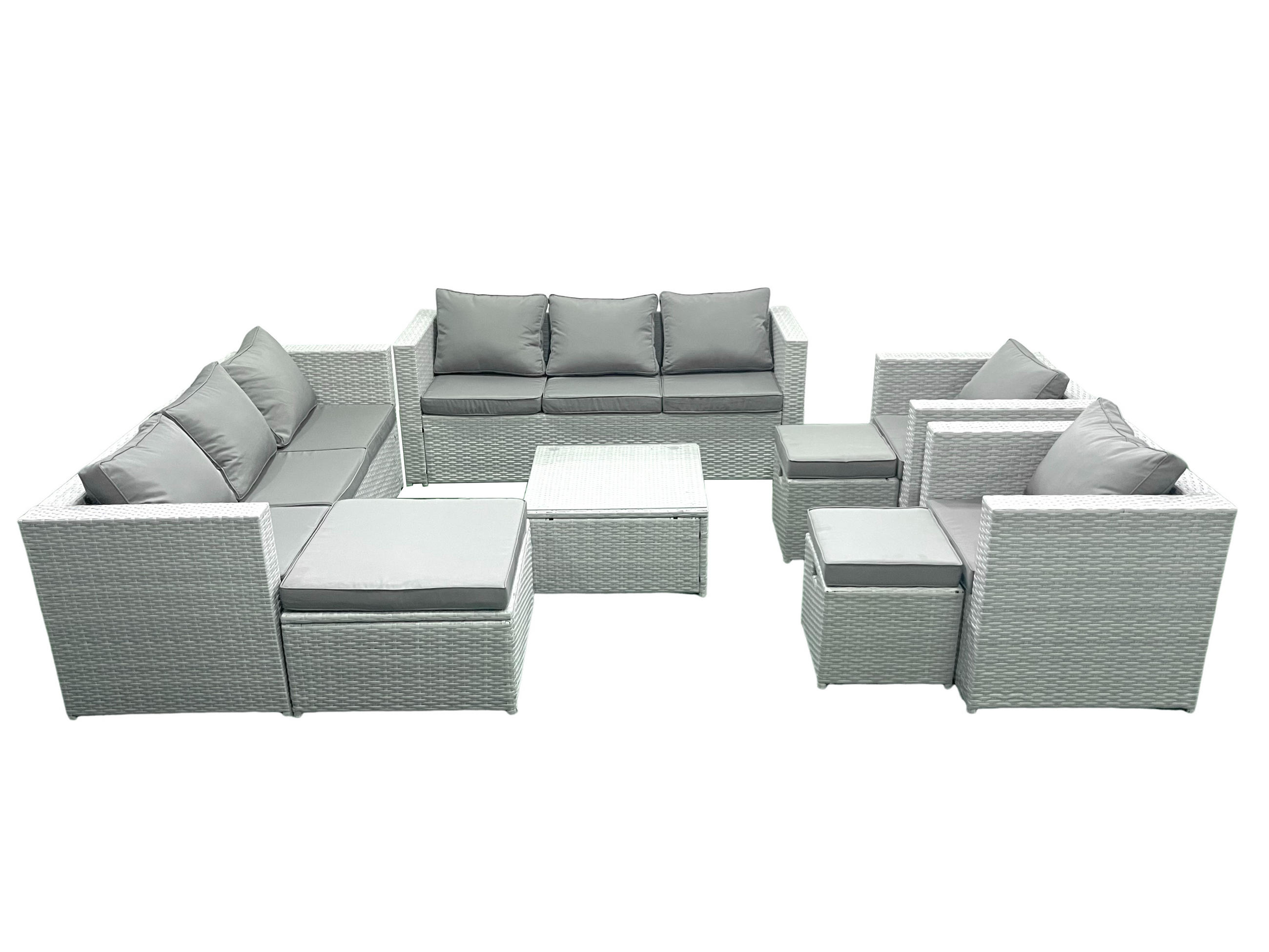 GARTENMÖBEL-SET mit Kissen Polyrattan Hellgrau-Mix 11-Sitzer - Hellgrau/Grau, Glas/Kunststoff - Fimous