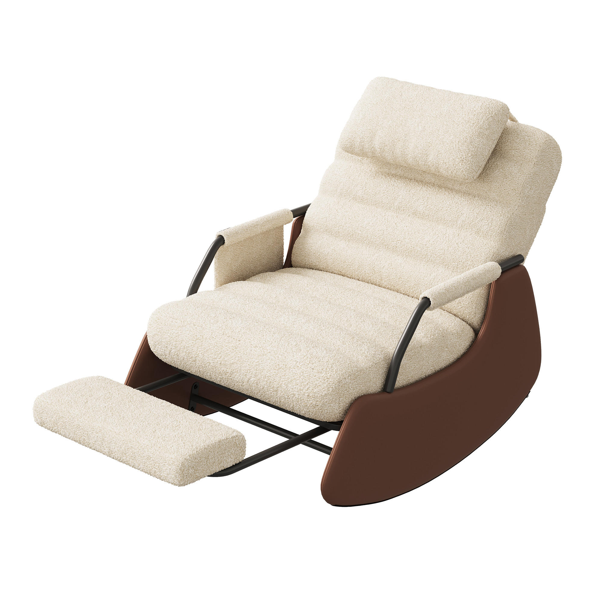 SCHAUKELSTUHL mit Fußstütze ,Beige,Lammwolle Stoff, PU Armlehne, 3-Fach verstellbare Rückenlehne-Mit Kopfstütze-für Wohnzimmer, Schlafzimmer - Ecru, Leder/Holz (63/50/92cm) - BursDany