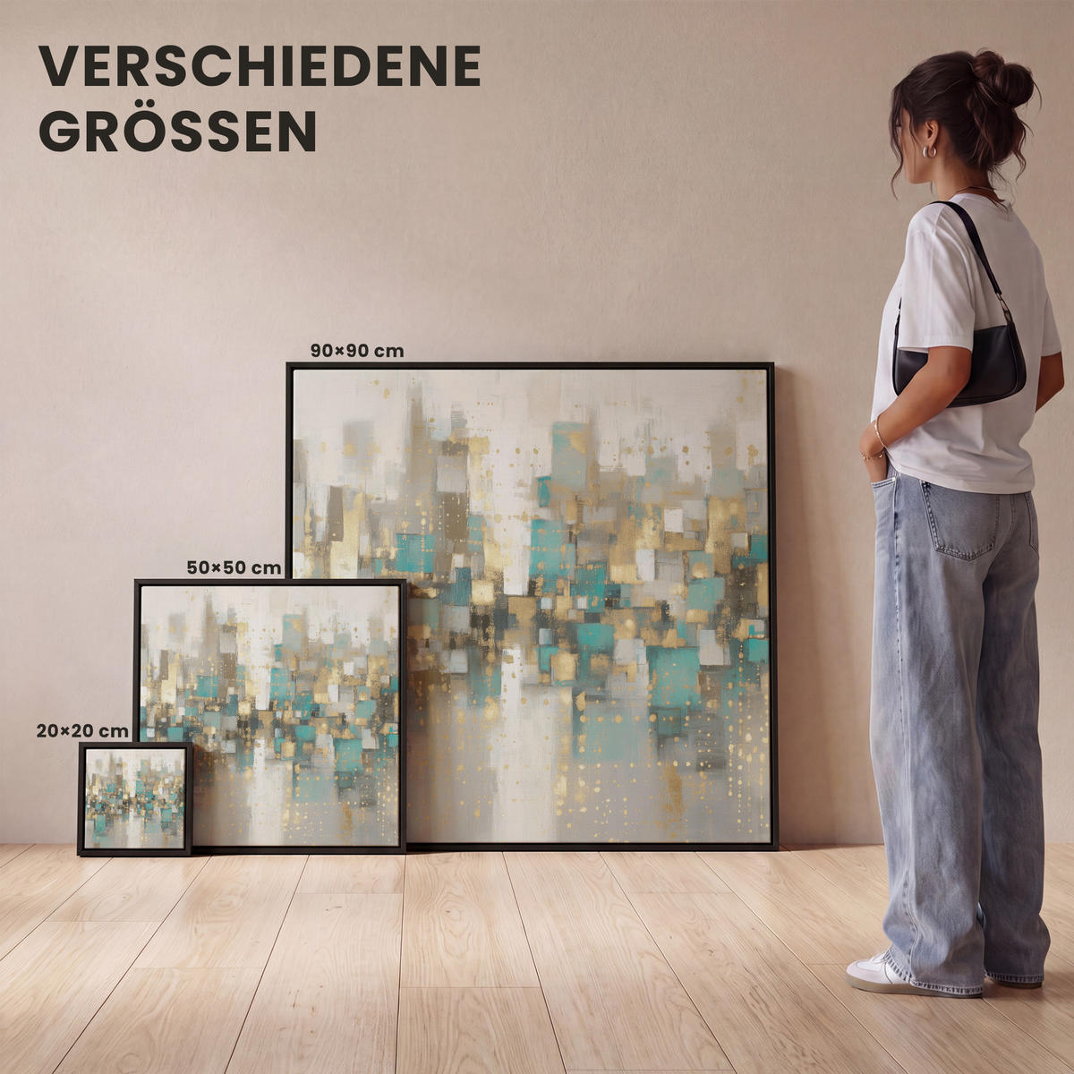 LEINWAND Bilder mit Rahmen - Abstrakt - Blöcke - Gold - Skyline - 20x20 - Beige, Textil (20/20cm) - MuchoWow