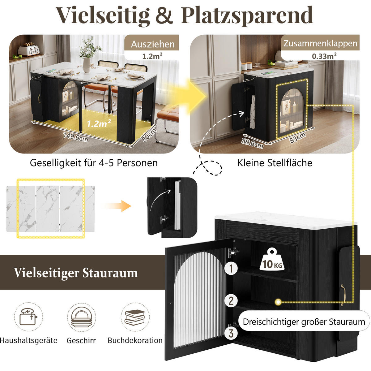 KUCHYŇSKÝ ostrůvek 83/39,6-79,6-119,6-149,6/77 cm s LED osvětlením, zásuvkou USB/Type-C a úložným prostorem, Bílá/Černá - černá, kompozitní dřevo (83/77/39.6cm) - Redom