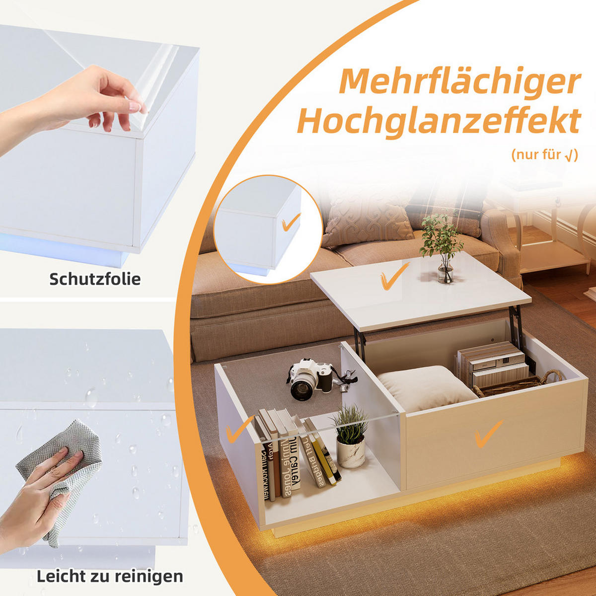 COUCHTISCH 100x50cm LED Höhenverstellbar Weiß Hochglanz Stauraum - Weiß, Holz (109.22/57.15/12.7cm) - FLIEKS