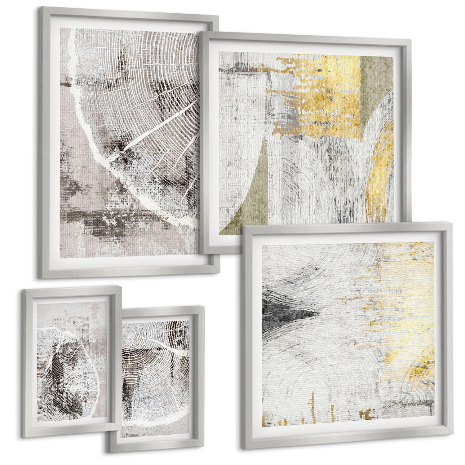 BILDER SET 5er Set - 50x50 cm & 20x30 cm & 40x60 cm Silberner Rahmen - Beige abstrakte Formen Linien - Silberfarben, Kunststoff (40/60cm) - TULUP