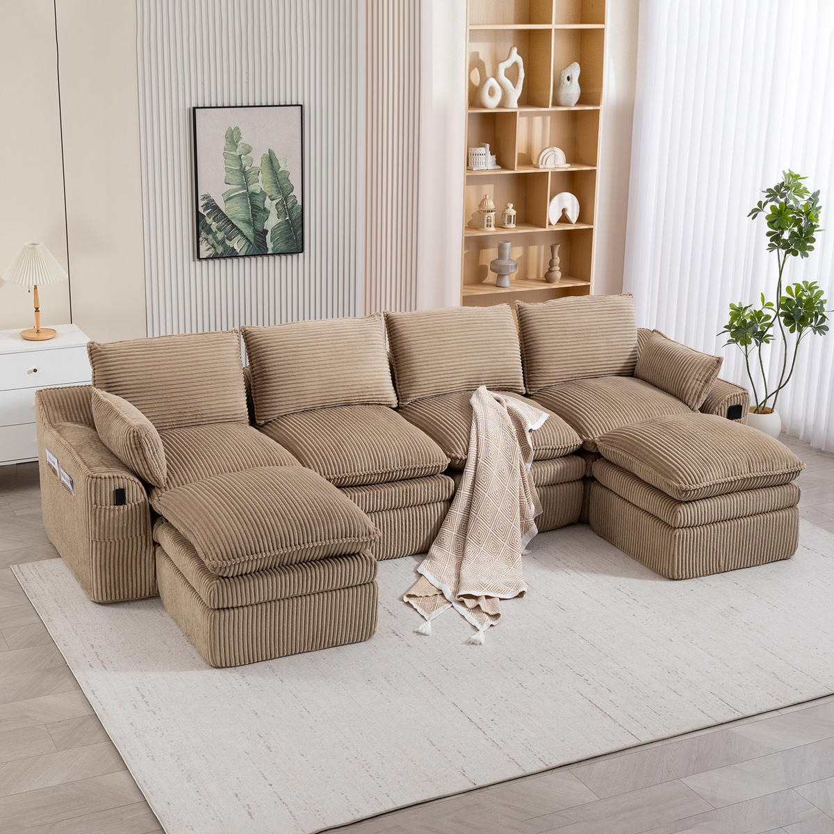WOHNLANDSCHAFT Cord Khaki mit Kissen, Hocker und Seitentaschen - Hellbraun, Textil (335/85/167cm) - WISHDOR
